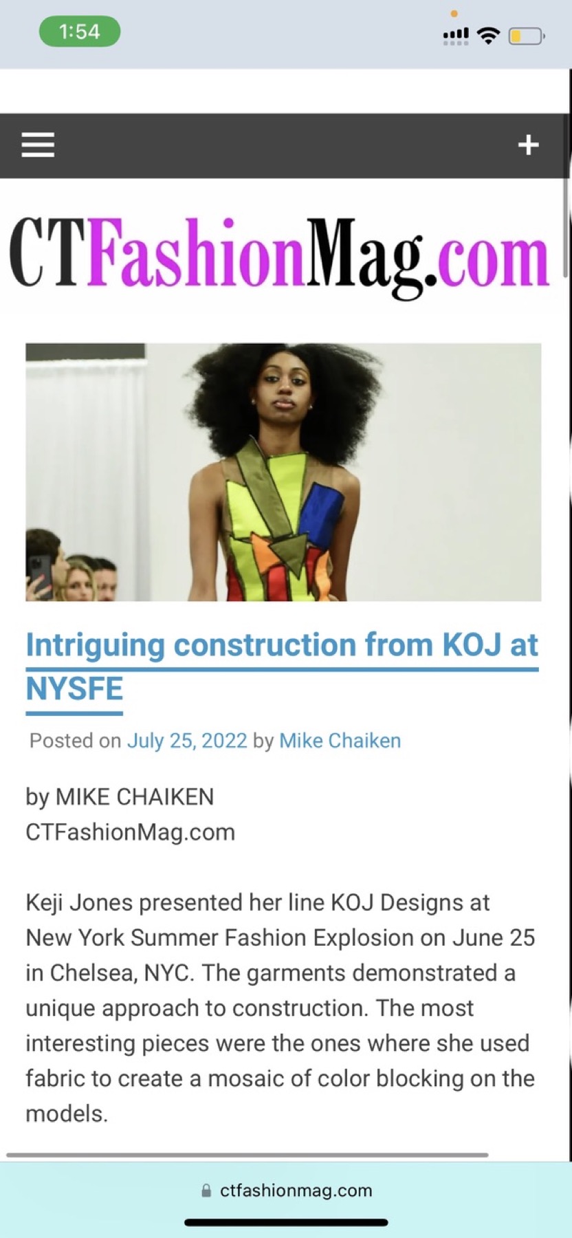 CTFashionMag.com feature screenshot for KOJ Designs at New York Summer Fashion Explosion
